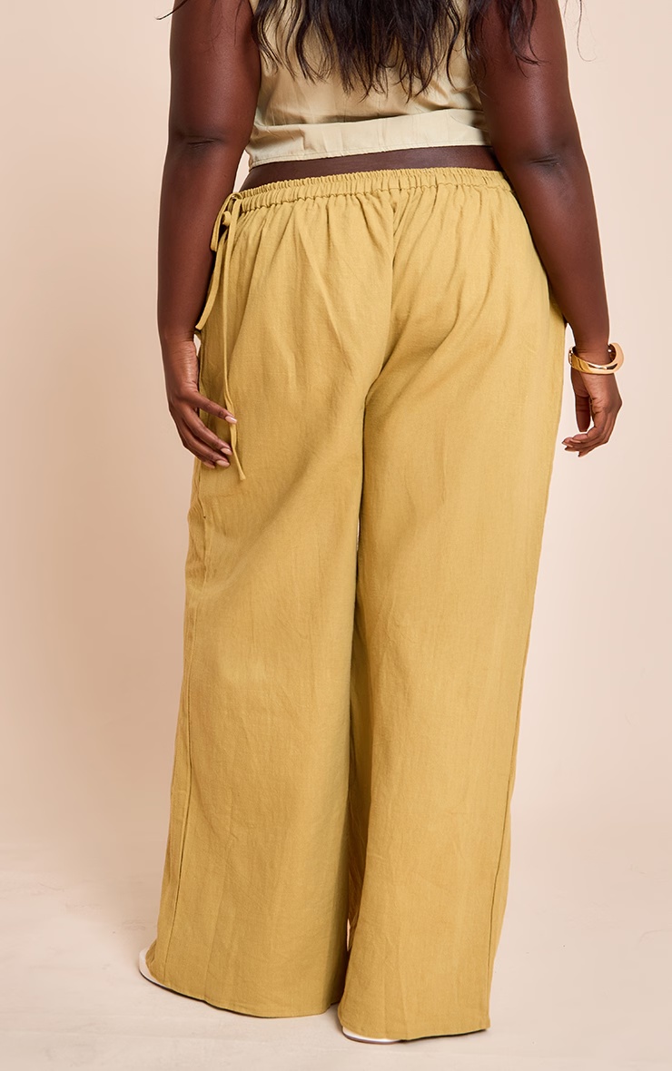 Plus Olive Premium Linen Side Tie Detail Wide Leg Trousers 3 Plus Olive Premium Linen Side Tie Detail Wide Leg Trousers