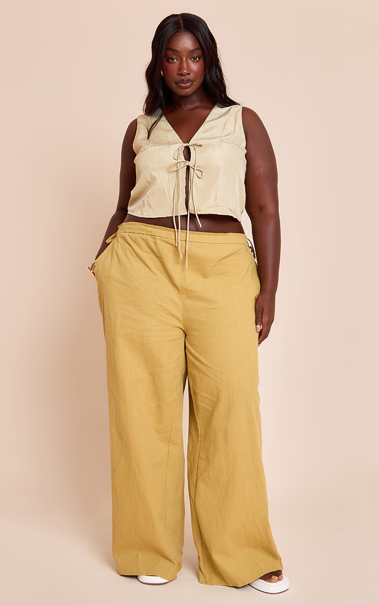 Plus Olive Premium Linen Side Tie Detail Wide Leg Trousers 4 Plus Olive Premium Linen Side Tie Detail Wide Leg Trousers