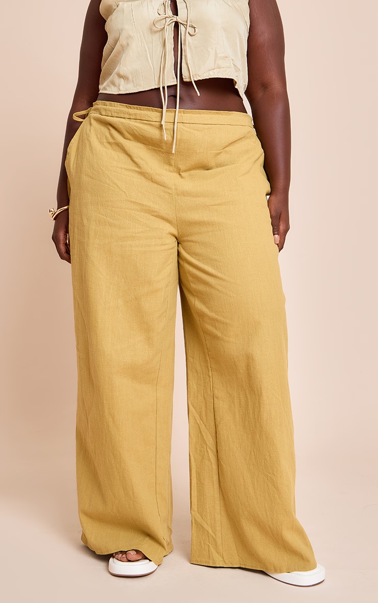 Plus Olive Premium Linen Side Tie Detail Wide Leg Trousers 5 Plus Olive Premium Linen Side Tie Detail Wide Leg Trousers