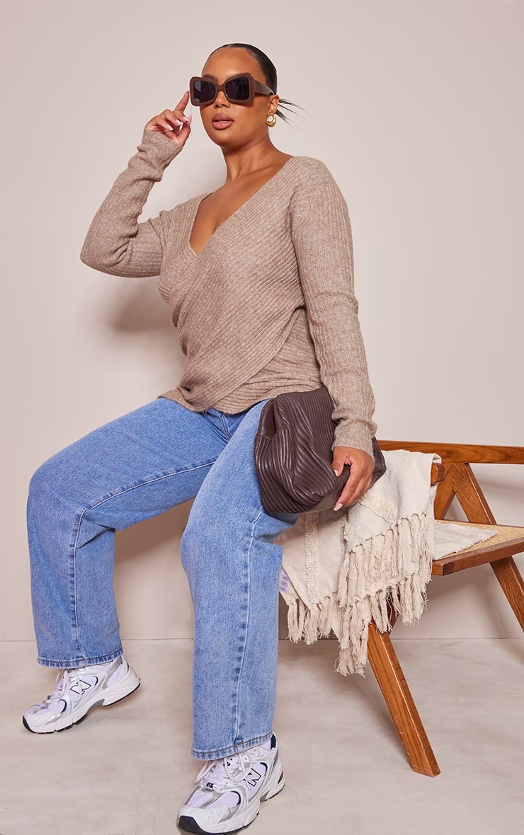 Plus Taupe Soft Knit Wrap Jumper