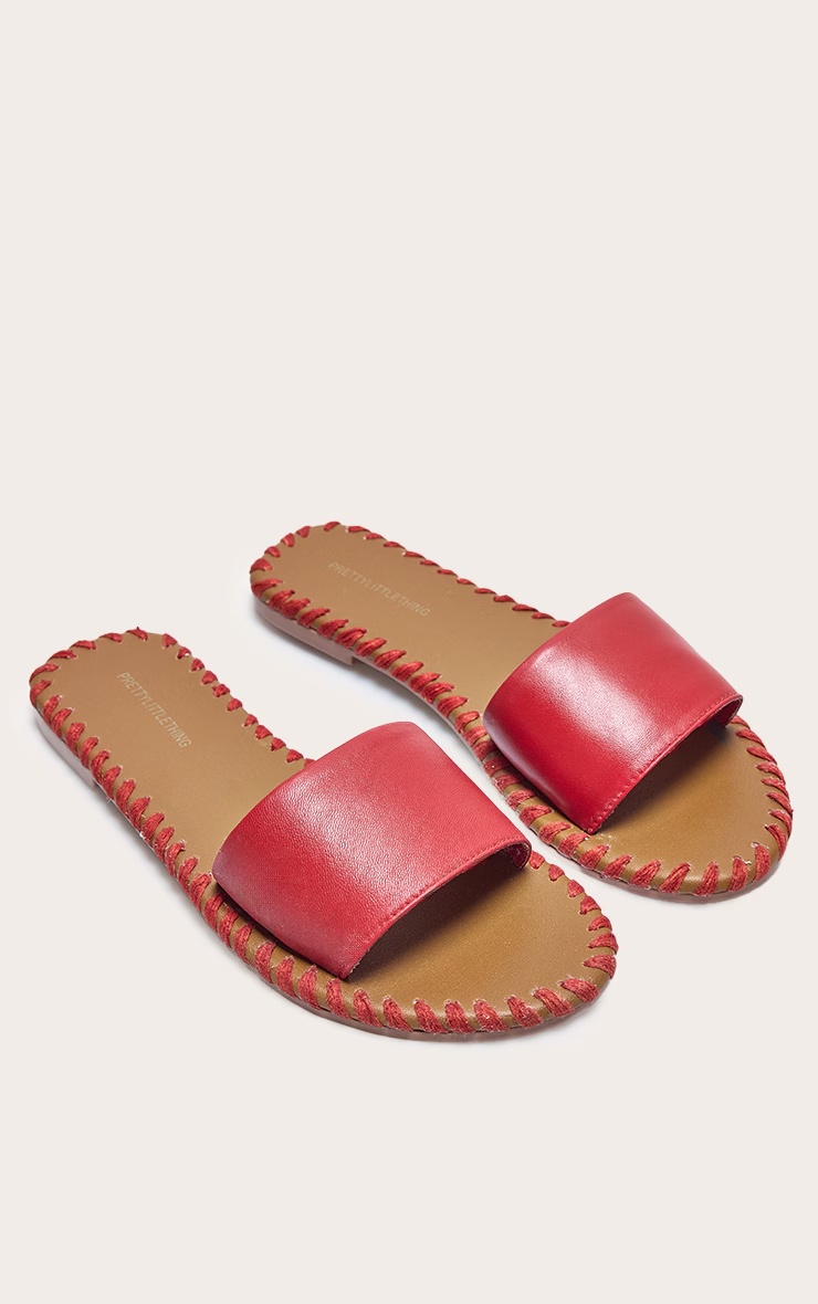 Red Real Leather Round Toe Stitch Detail Mule Sandals 1 Red Real Leather Round Toe Stitch Detail Mule Sandals