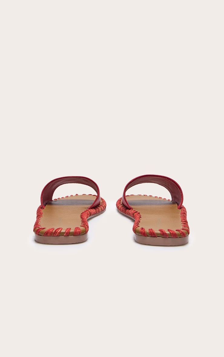 Red Real Leather Round Toe Stitch Detail Mule Sandals 2 Red Real Leather Round Toe Stitch Detail Mule Sandals