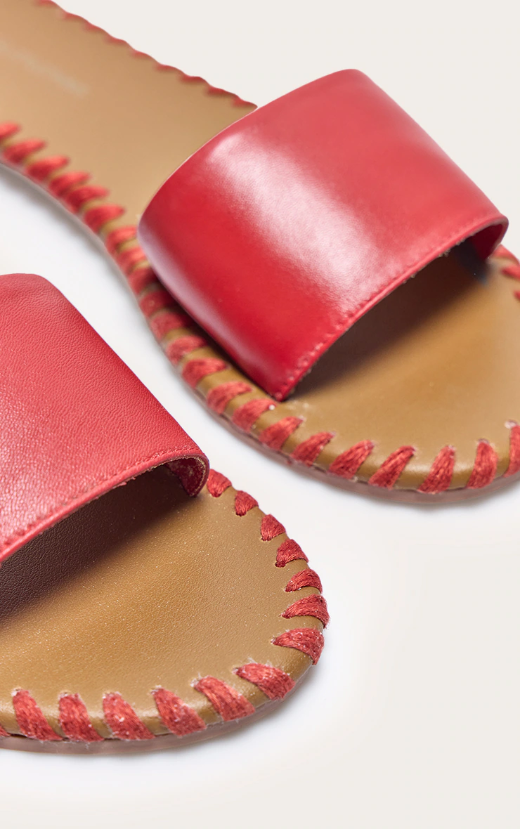 Red Real Leather Round Toe Stitch Detail Mule Sandals 6 Red Real Leather Round Toe Stitch Detail Mule Sandals
