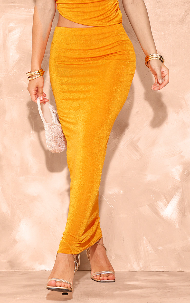 Orange Acetate Slinky Maxi Low Rise Skirt 2 Orange Acetate Slinky Maxi Low Rise Skirt