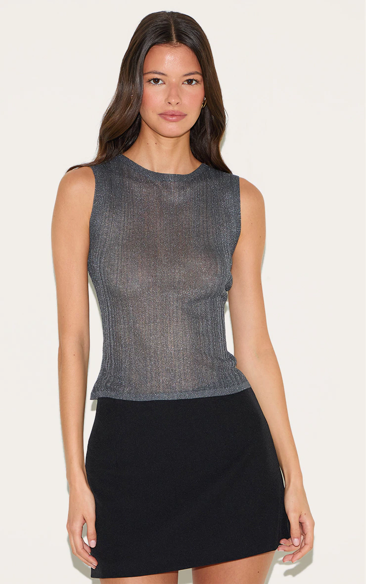 Charcoal Sheer Knit Boat Neck Top 1 Charcoal Sheer Knit Boat Neck Top