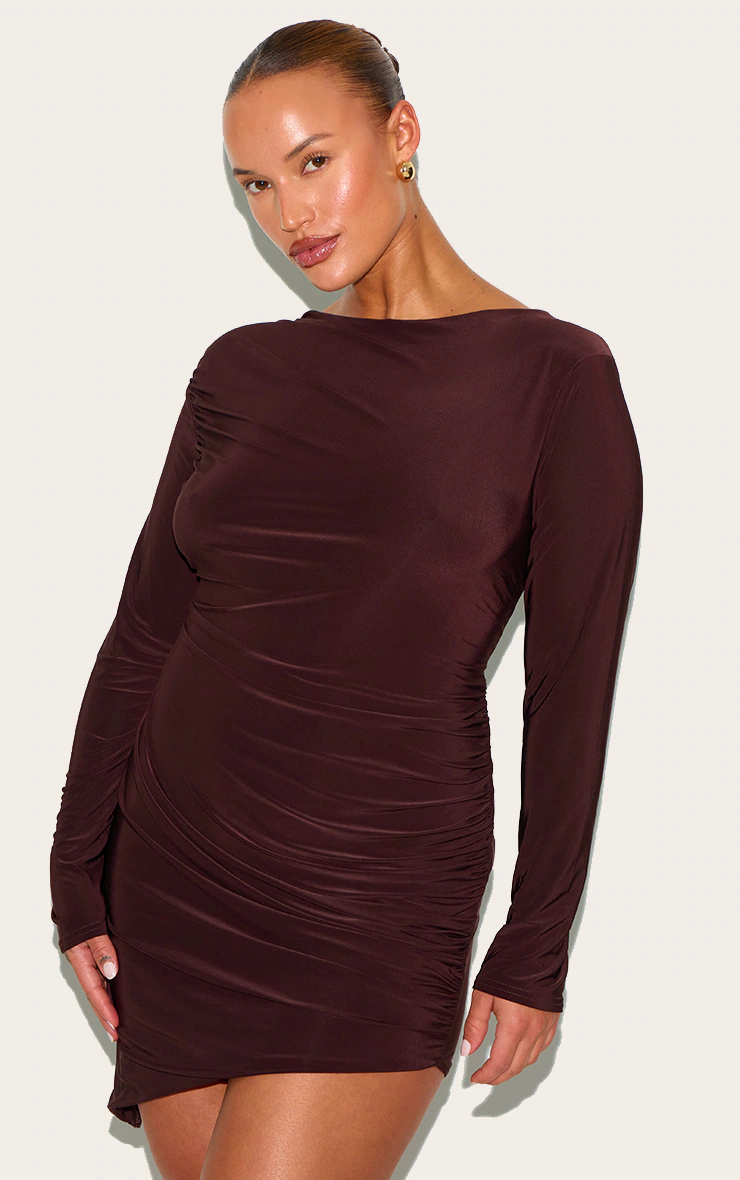Plus Chocolate Double Layer Slinky Ruched Long Sleeve Mini Dress 3 Plus Chocolate Double Layer Slinky Ruched Long Sleeve Mini Dress