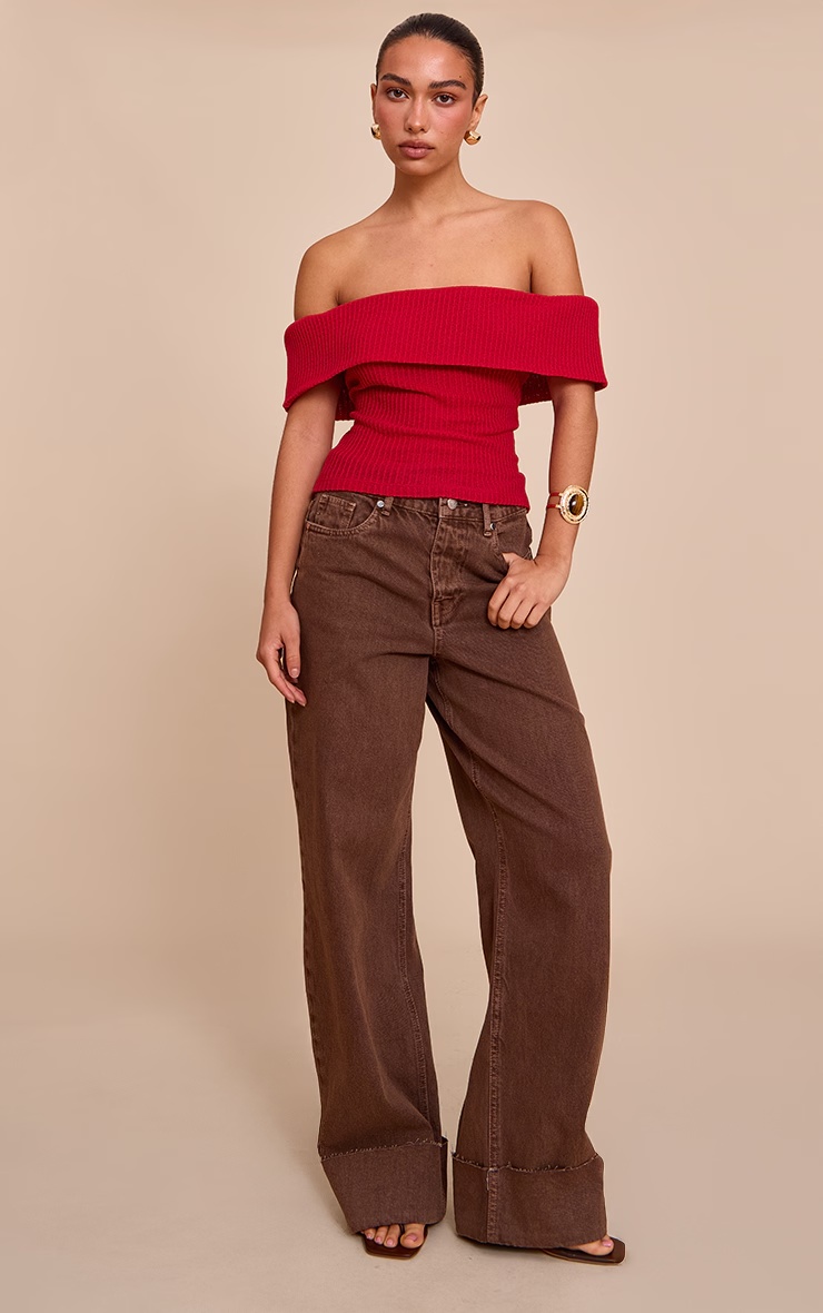 Red Textured Fold Over Detail Bardot Top 3 Red Textured Fold Over Detail Bardot Top