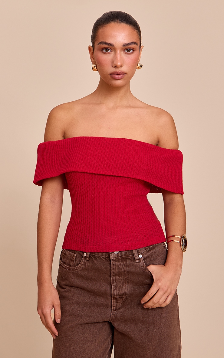 Red Textured Fold Over Detail Bardot Top 4 Red Textured Fold Over Detail Bardot Top