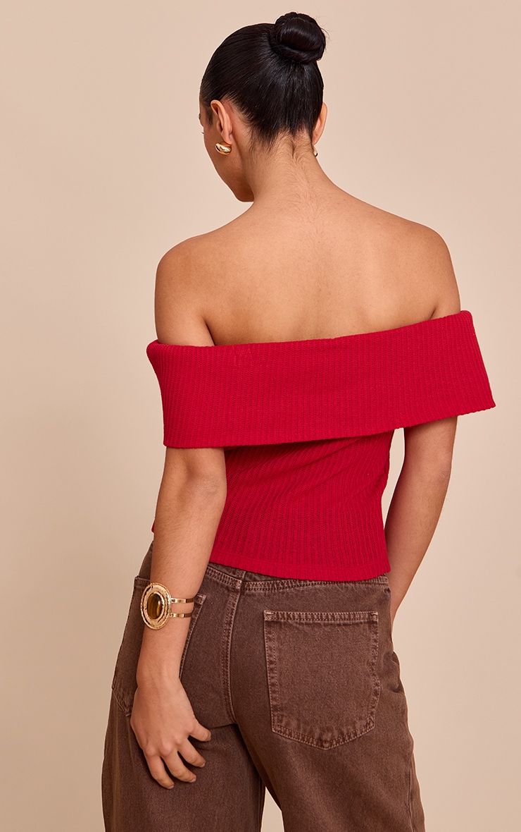 Red Textured Fold Over Detail Bardot Top 5 Red Textured Fold Over Detail Bardot Top