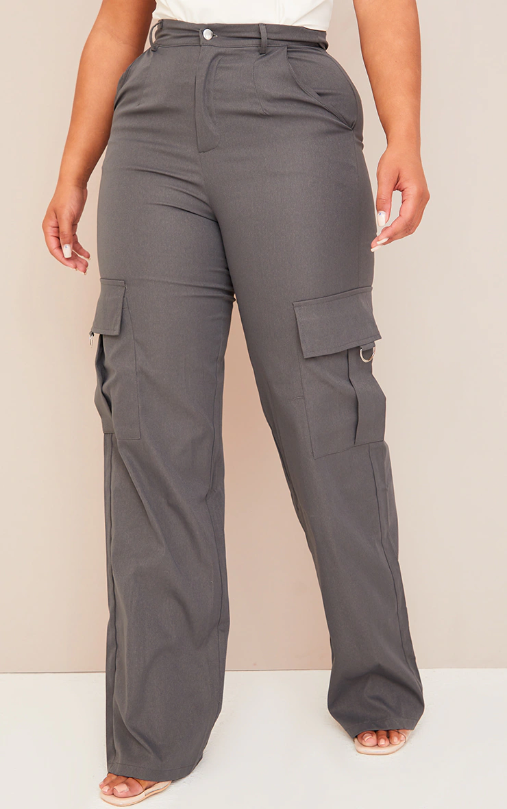PRETTYLITTLETHING Shape Charcoal Buckle Detail Cargo Wide Leg Trousers