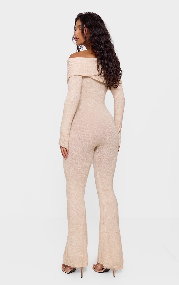 Oatmeal Soft Knit Bardot Foldover Asymmetric Neck Jumpsuit 2 Oatmeal Soft Knit Bardot Foldover Asymmetric Neck Jumpsuit