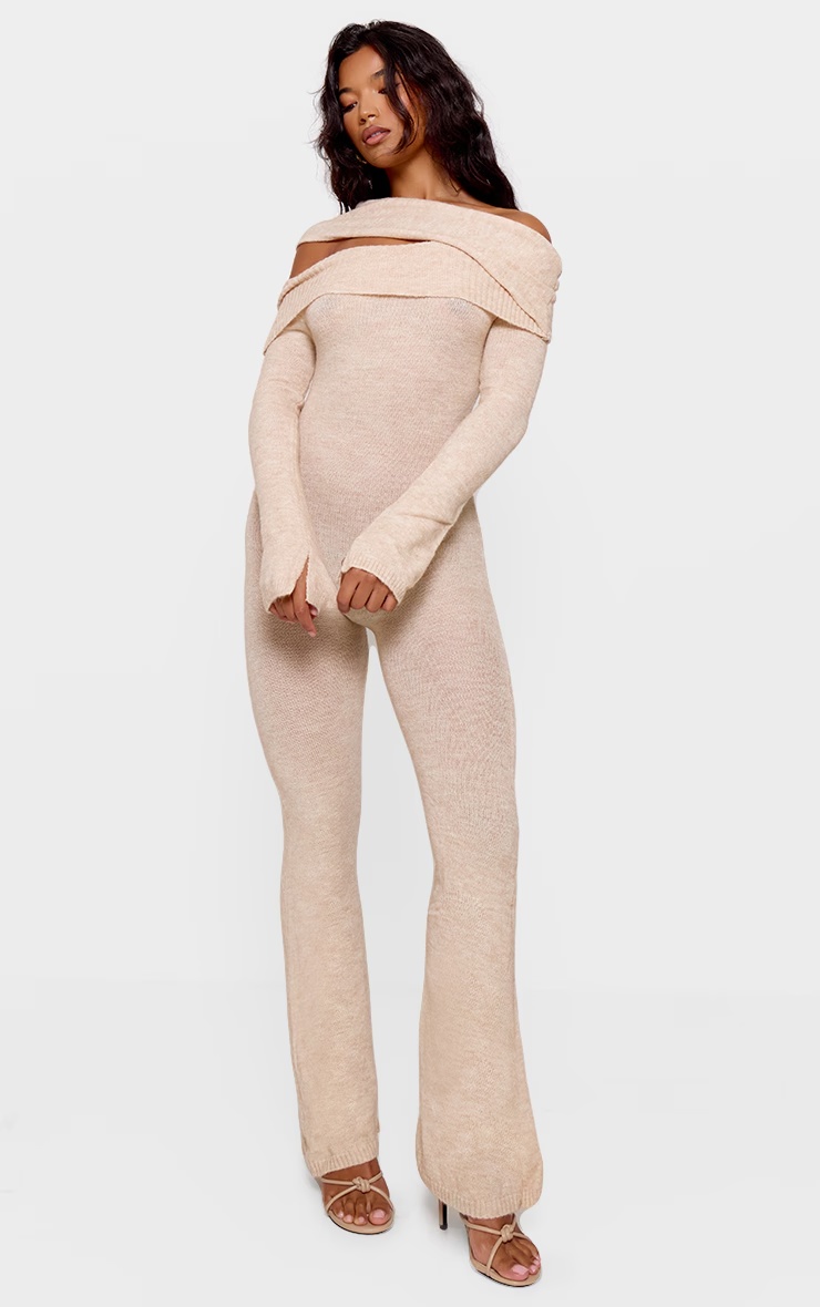 Oatmeal Soft Knit Bardot Foldover Asymmetric Neck Jumpsuit 3 Oatmeal Soft Knit Bardot Foldover Asymmetric Neck Jumpsuit