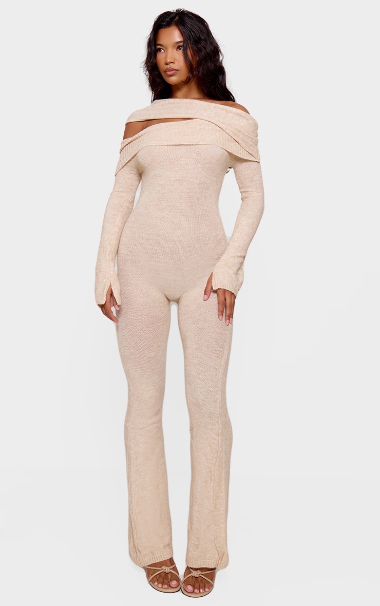 Oatmeal Soft Knit Bardot Foldover Asymmetric Neck Jumpsuit 4 Oatmeal Soft Knit Bardot Foldover Asymmetric Neck Jumpsuit