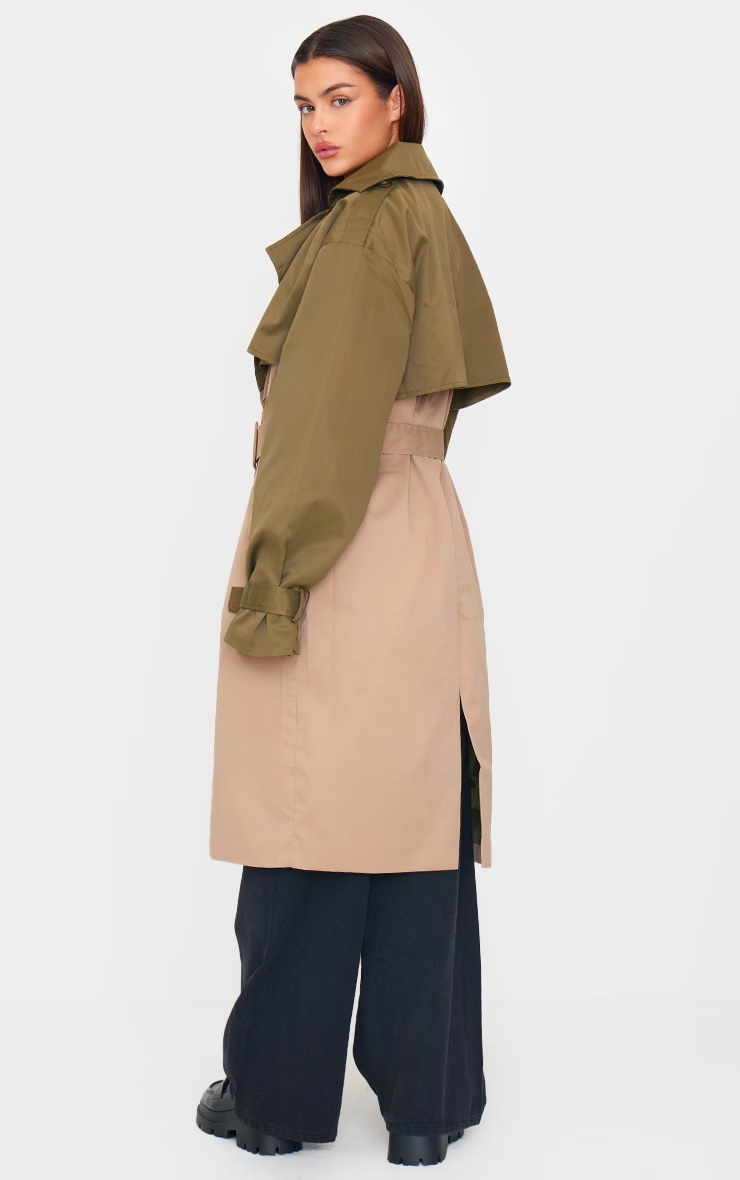 Khaki Contrast Oversized Belted Midi Trench Coat 2 Khaki Contrast Oversized Belted Midi Trench Coat