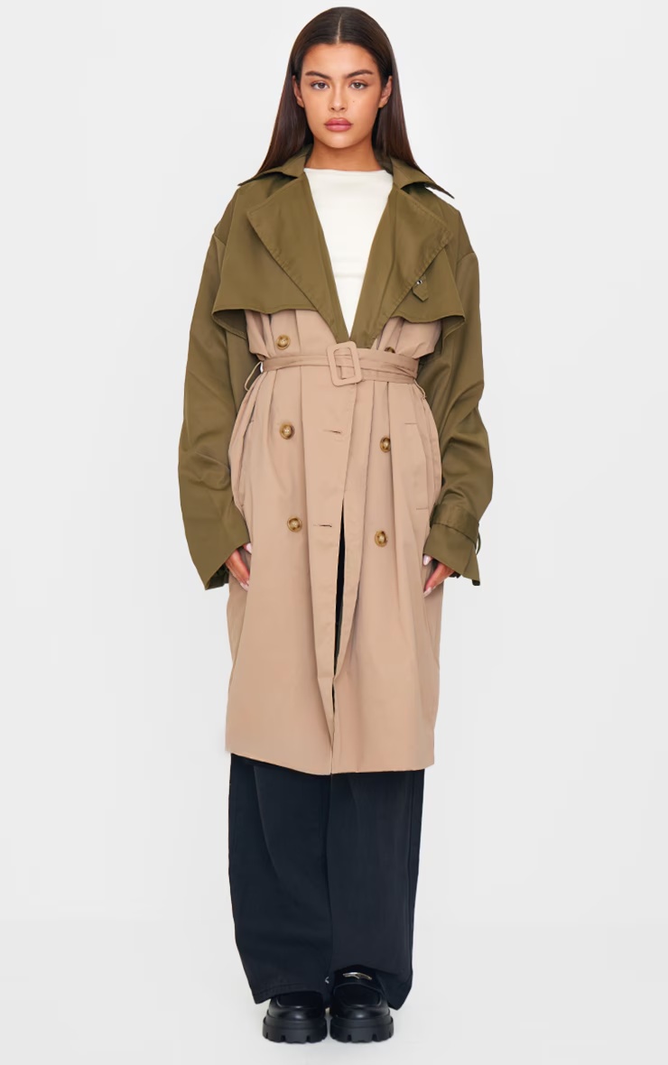 Khaki Contrast Oversized Belted Midi Trench Coat 4 Khaki Contrast Oversized Belted Midi Trench Coat