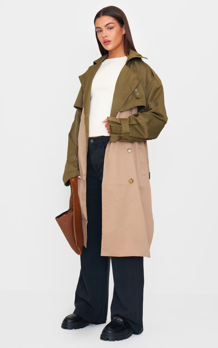 Khaki Contrast Oversized Belted Midi Trench Coat 6 Khaki Contrast Oversized Belted Midi Trench Coat