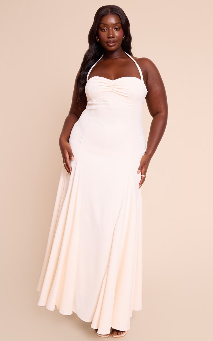 Plus Cream Woven Halterneck Ruched Bust Detail Maxi Dress