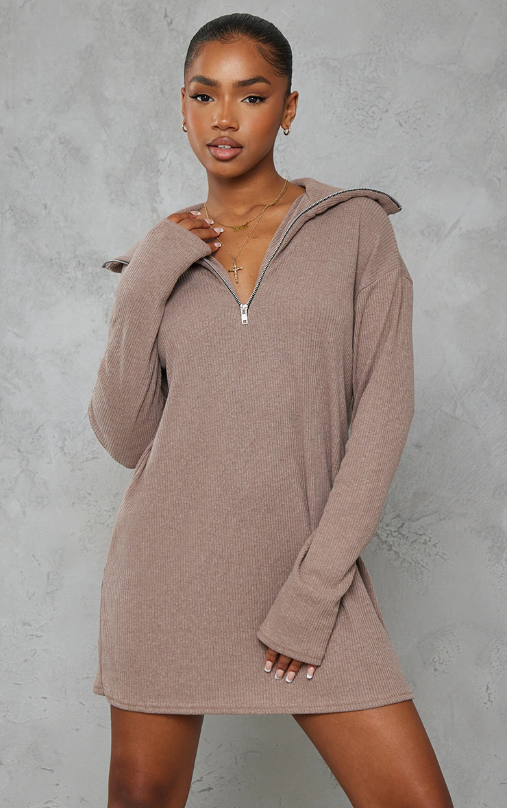 Mocha Rib High Neck Half Zip Oversized Jumper Dress 4 Mocha Rib High Neck Half Zip Oversized Jumper Dress