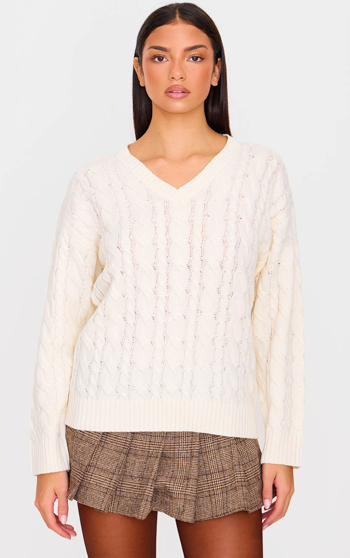 Cream Cable Knit Oversized V Neck Jumper
