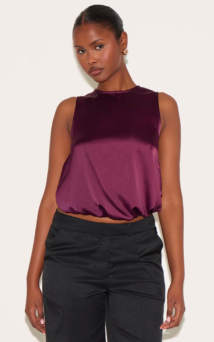 Wine Satin Bubble Hem Top 1 Wine Satin Bubble Hem Top