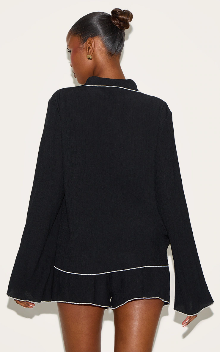 Black Linen Look Textured Contrast Trim Oversized Shirt 2 Black Linen Look Textured Contrast Trim Oversized Shirt