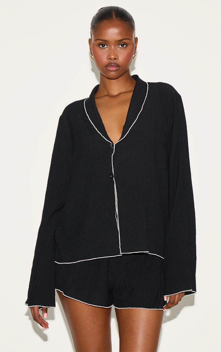 Black Linen Look Textured Contrast Trim Oversized Shirt 4 Black Linen Look Textured Contrast Trim Oversized Shirt