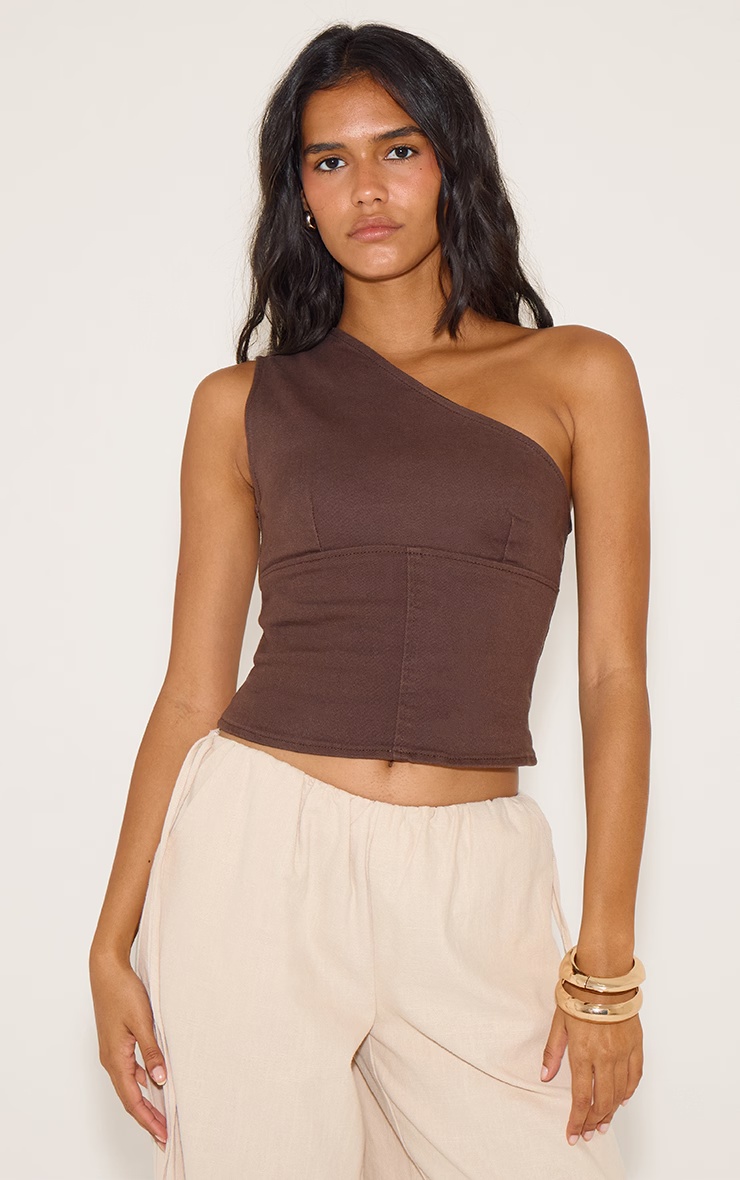 Chocolate Brown Asymmetric Shoulder Denim Top 1 Chocolate Brown Asymmetric Shoulder Denim Top