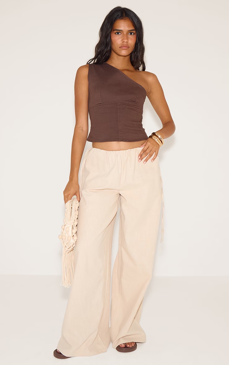 Chocolate Brown Asymmetric Shoulder Denim Top 6 Chocolate Brown Asymmetric Shoulder Denim Top