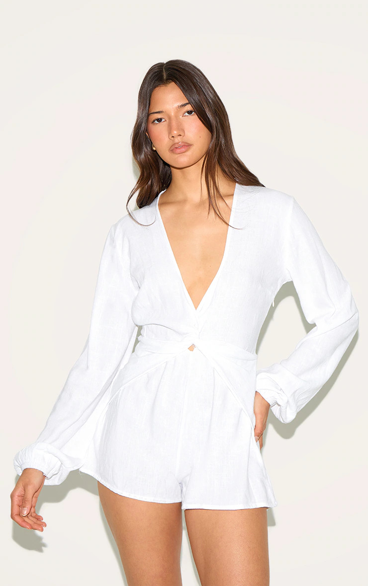 White Long Sleeve Plunge Twist Detail Playsuit 4 White Long Sleeve Plunge Twist Detail Playsuit