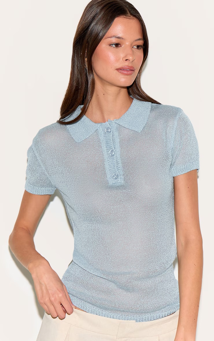 Light Blue Sheer Knit Polo Top 4 Light Blue Sheer Knit Polo Top