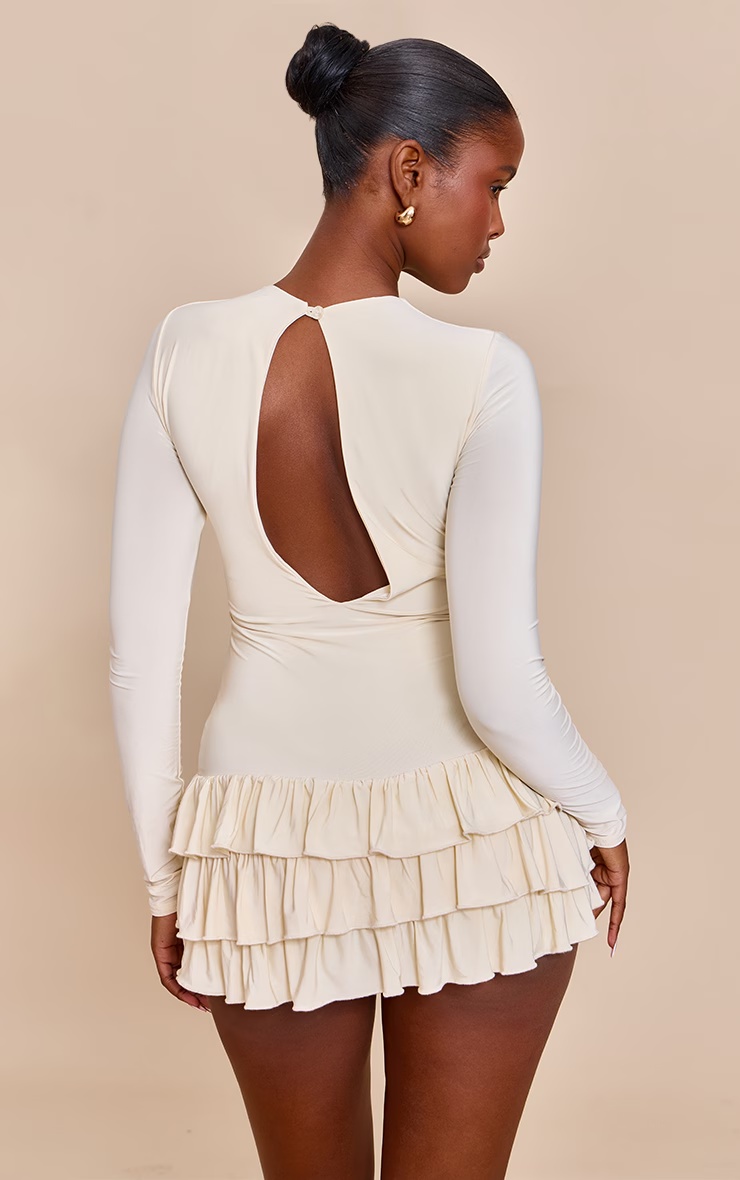 Cream Double Layer Slinky High Neck Long Sleeve Rara Skort Playsuit 2 Cream Double Layer Slinky High Neck Long Sleeve Rara Skort Playsuit