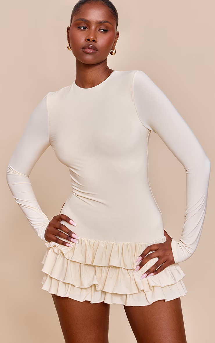 Cream Double Layer Slinky High Neck Long Sleeve Rara Skort Playsuit 4 Cream Double Layer Slinky High Neck Long Sleeve Rara Skort Playsuit