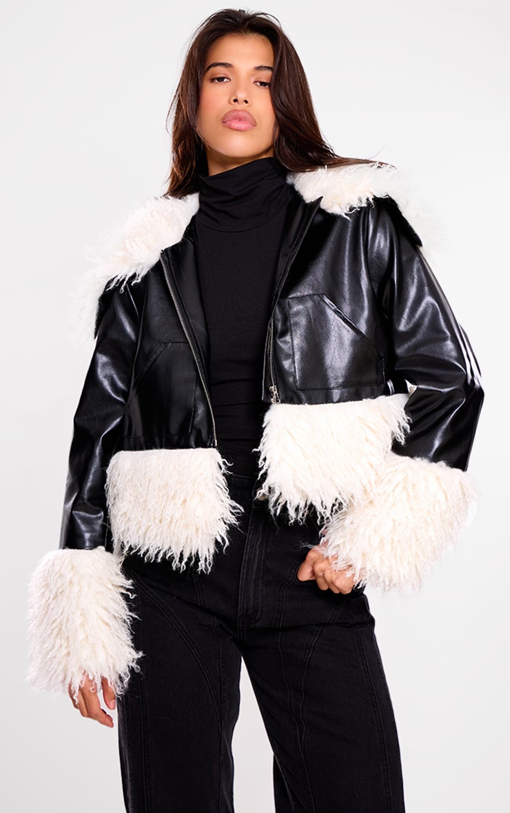 Black Faux Fur White Trim Contrast Faux Leather Jacket 1 Black Faux Fur White Trim Contrast Faux Leather Jacket
