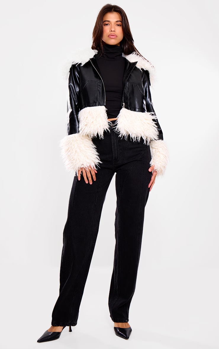 Black Faux Fur White Trim Contrast Faux Leather Jacket 6 Black Faux Fur White Trim Contrast Faux Leather Jacket