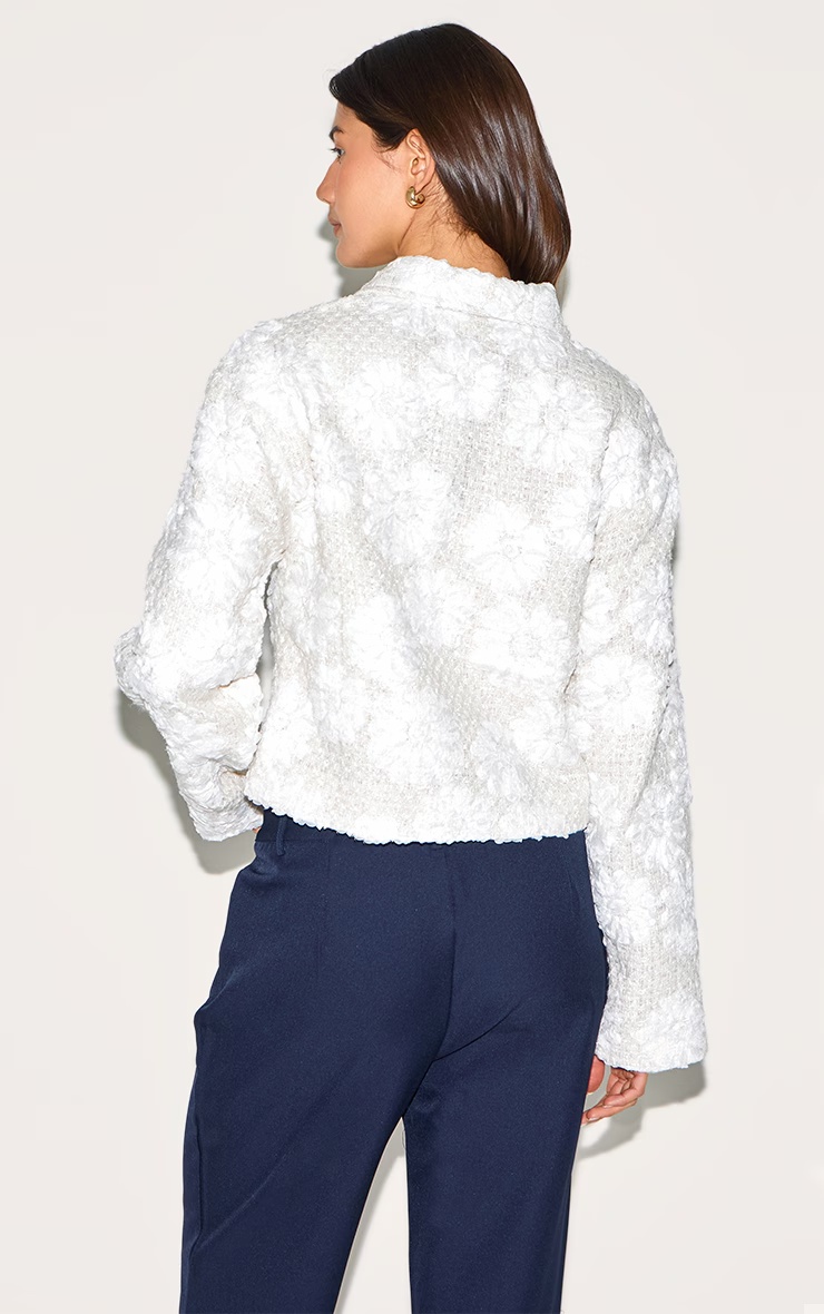 White Floral Detail Boxy Zip Up Jacket 2 White Floral Detail Boxy Zip Up Jacket