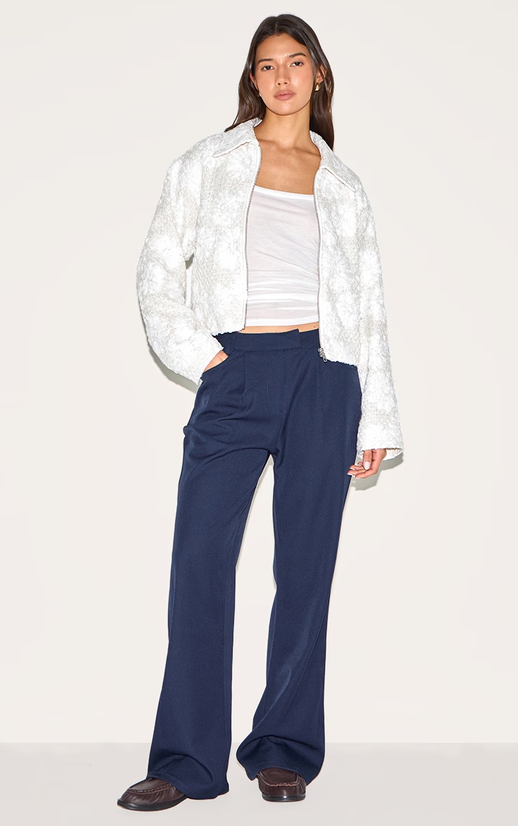 White Floral Detail Boxy Zip Up Jacket 6 White Floral Detail Boxy Zip Up Jacket