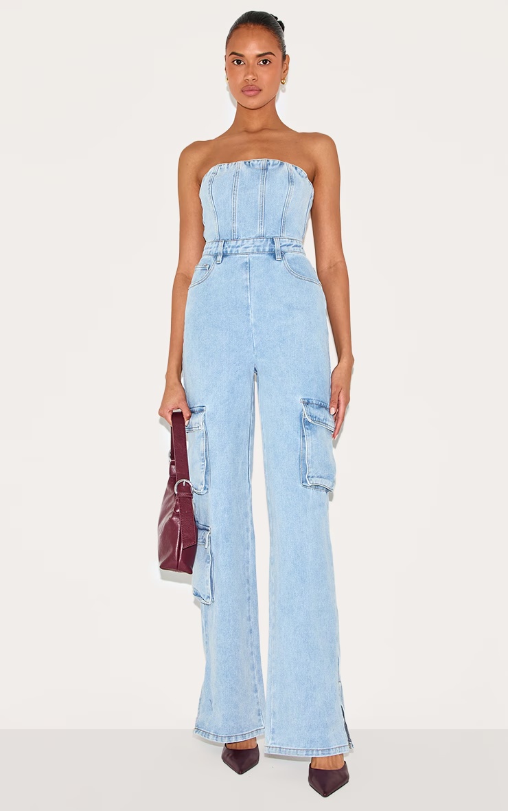 Light Blue Wash Cargo Pocket Bandeau Denim Jumpsuit 1 Light Blue Wash Cargo Pocket Bandeau Denim Jumpsuit