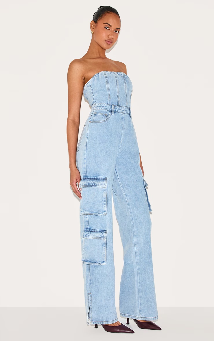 Light Blue Wash Cargo Pocket Bandeau Denim Jumpsuit 3 Light Blue Wash Cargo Pocket Bandeau Denim Jumpsuit
