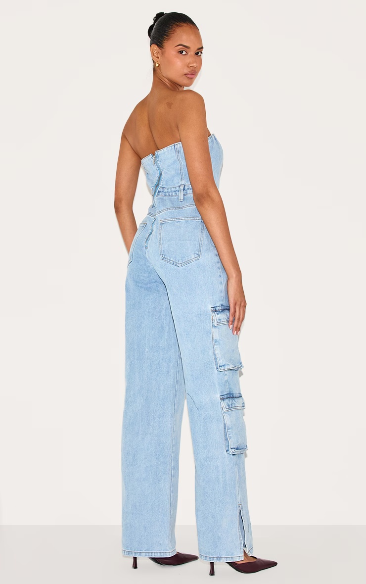 Light Blue Wash Cargo Pocket Bandeau Denim Jumpsuit 5 Light Blue Wash Cargo Pocket Bandeau Denim Jumpsuit
