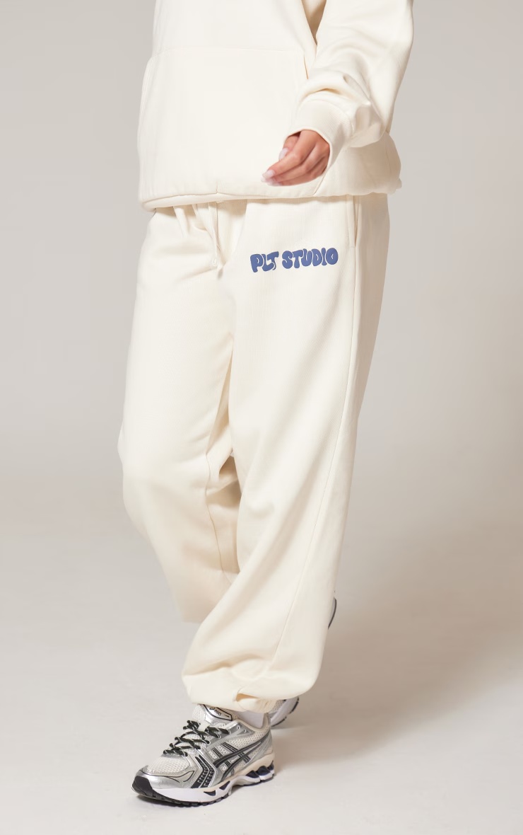PRETTYLITTLETHING Sand Premium Studio Print Cuffed Joggers 2 PRETTYLITTLETHING Sand Premium Studio Print Cuffed Joggers
