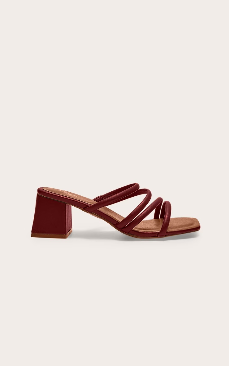 Burgundy Pu Square Toe Strappy Block Heel Mules 1 Burgundy Pu Square Toe Strappy Block Heel Mules