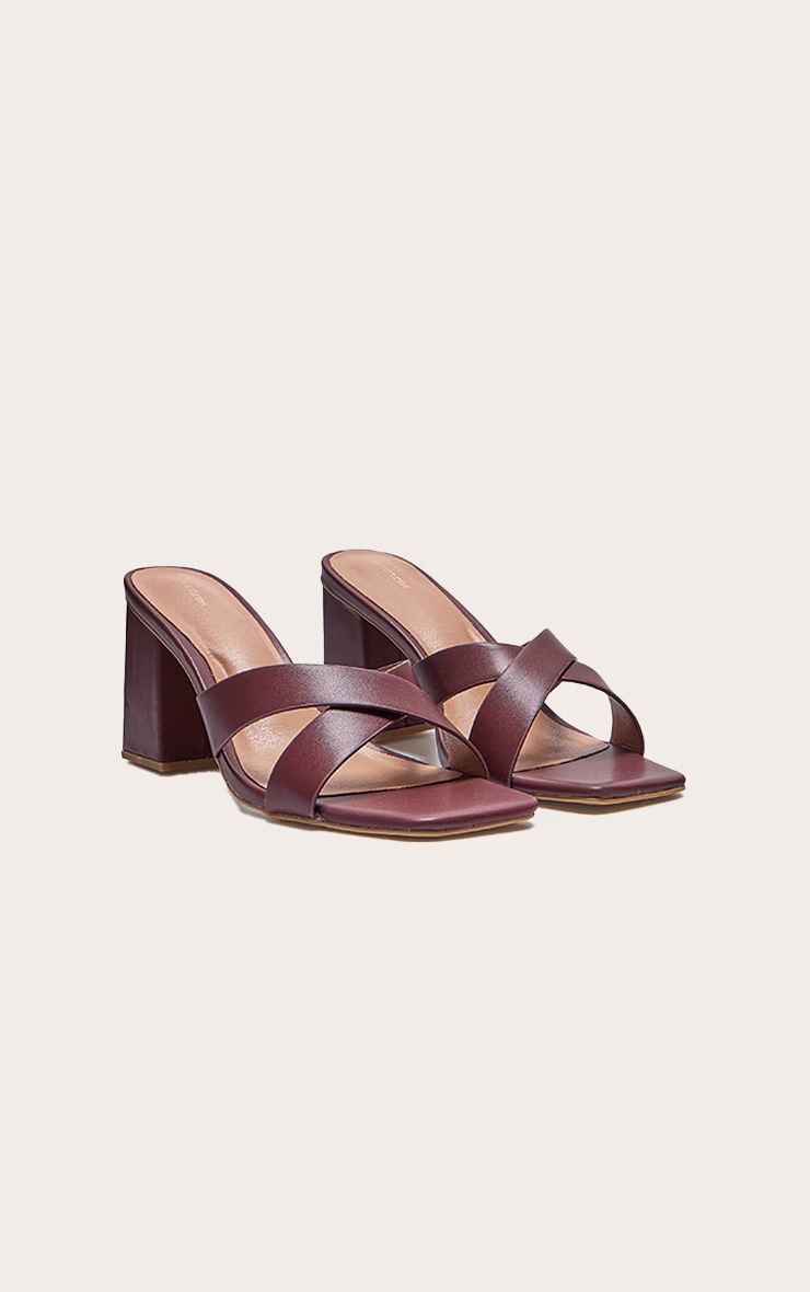 Burgundy Pu Cross Strap Block Heeled Mules 2 Burgundy Pu Cross Strap Block Heeled Mules