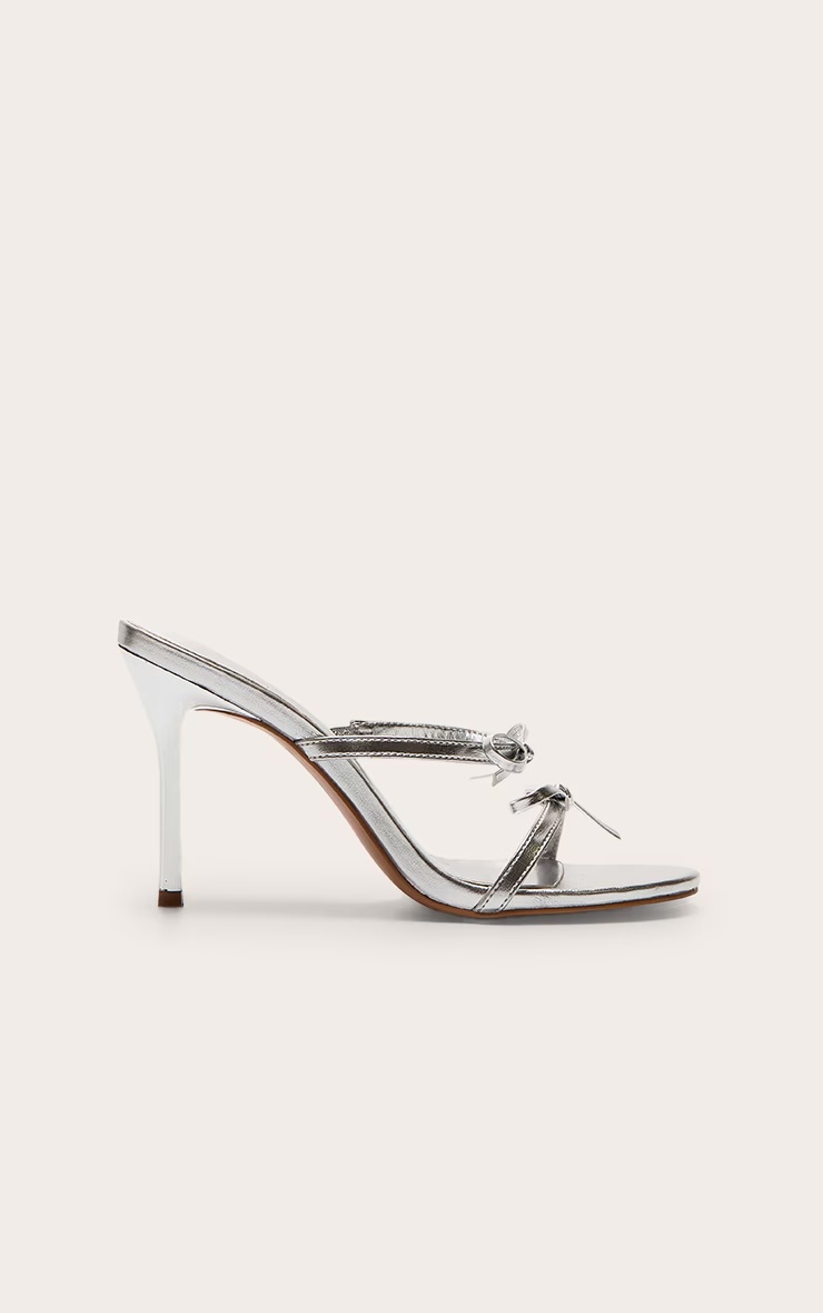Silver Pu Round Toe Bow Strap High Stiletto Heeled Mules