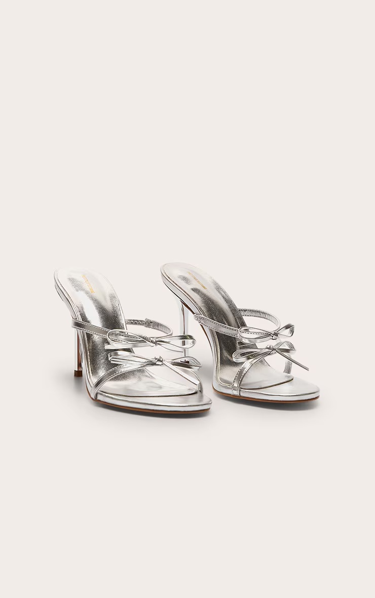 Silver Pu Round Toe Bow Strap High Stiletto Heeled Mules 2 Silver Pu Round Toe Bow Strap High Stiletto Heeled Mules