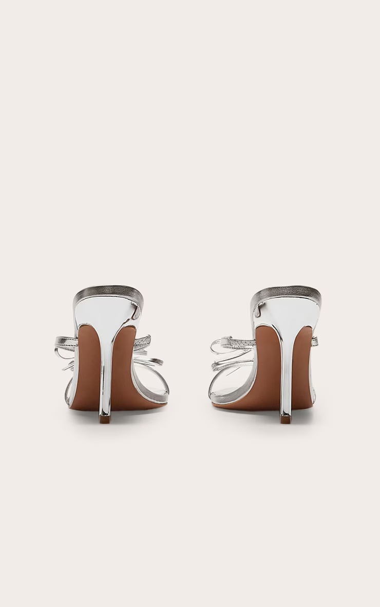 Silver Pu Round Toe Bow Strap High Stiletto Heeled Mules 3 Silver Pu Round Toe Bow Strap High Stiletto Heeled Mules