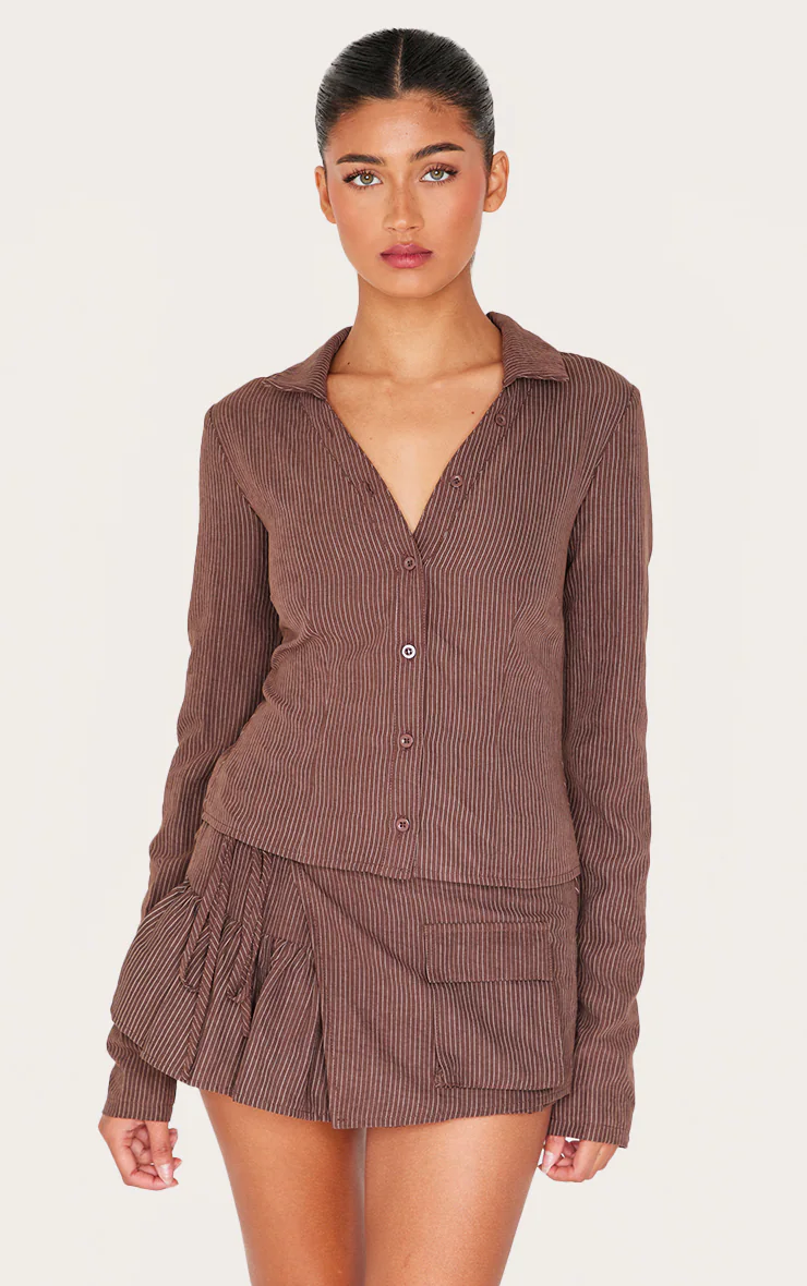 Dark Brown Peach Skin Pinstripe Woven Long Sleeve Cargo Shirt 4 Dark Brown Peach Skin Pinstripe Woven Long Sleeve Cargo Shirt
