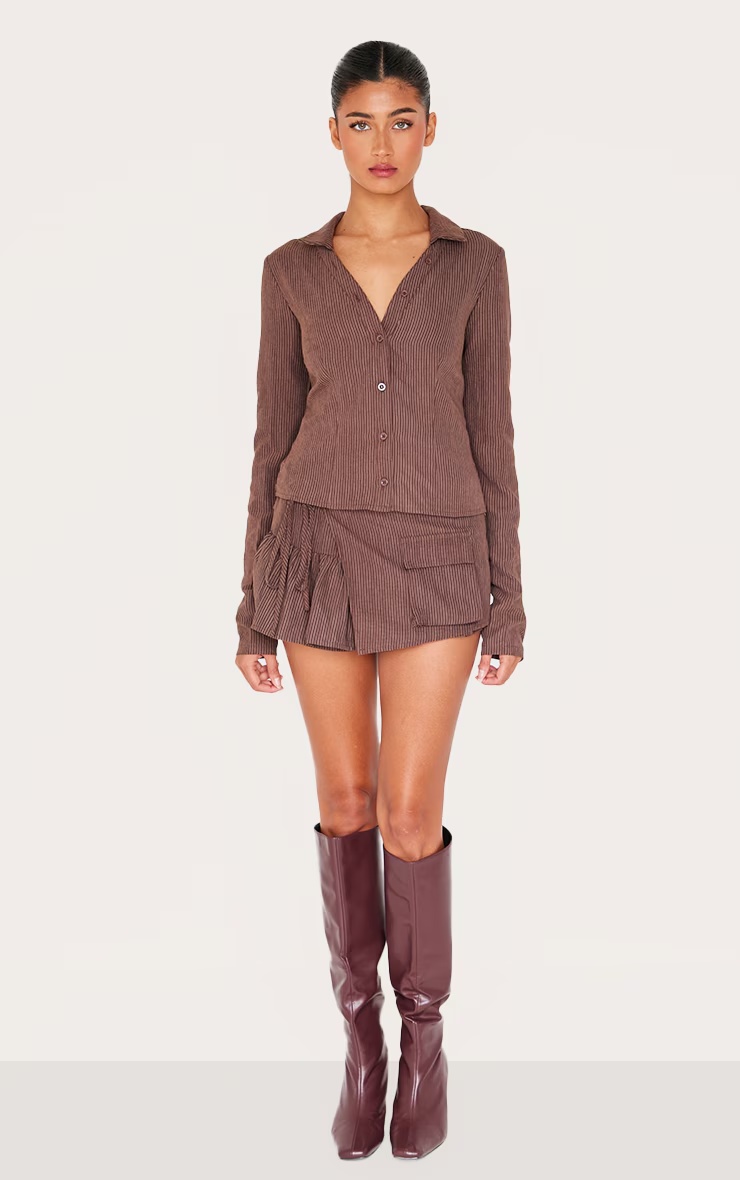 Dark Brown Peach Skin Pinstripe Woven Long Sleeve Cargo Shirt 6 Dark Brown Peach Skin Pinstripe Woven Long Sleeve Cargo Shirt