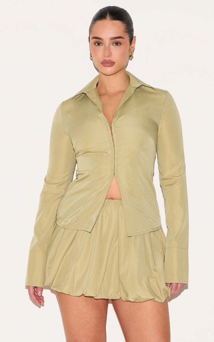Shape Olive Hook & Eye Split Front Cinched Shirt 1 Shape Olive Hook & Eye Split Front Cinched Shirt