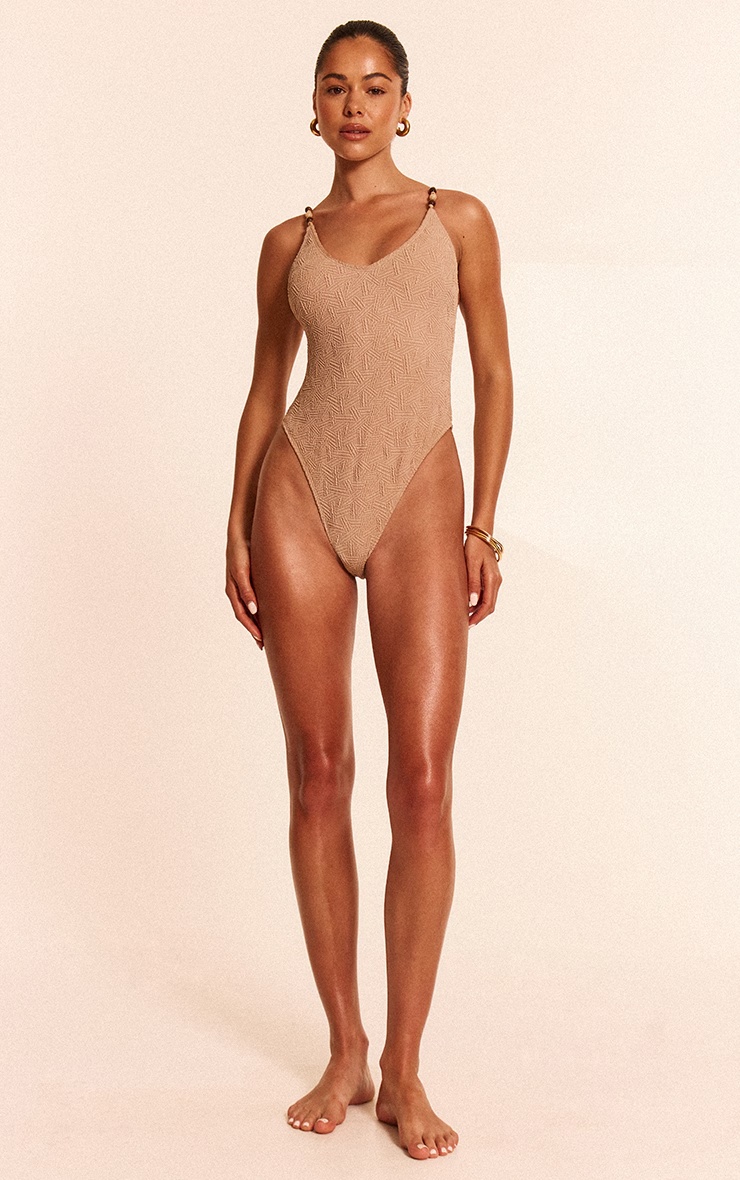 Stone Textured Bead Trim Plunge Swimsuit 3 Stone Textured Bead Trim Plunge Swimsuit