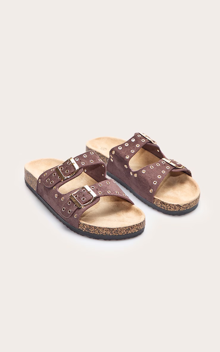 Brown Faux Suede Double Buckle Eyelet Footbed Sandals 5 Brown Faux Suede Double Buckle Eyelet Footbed Sandals